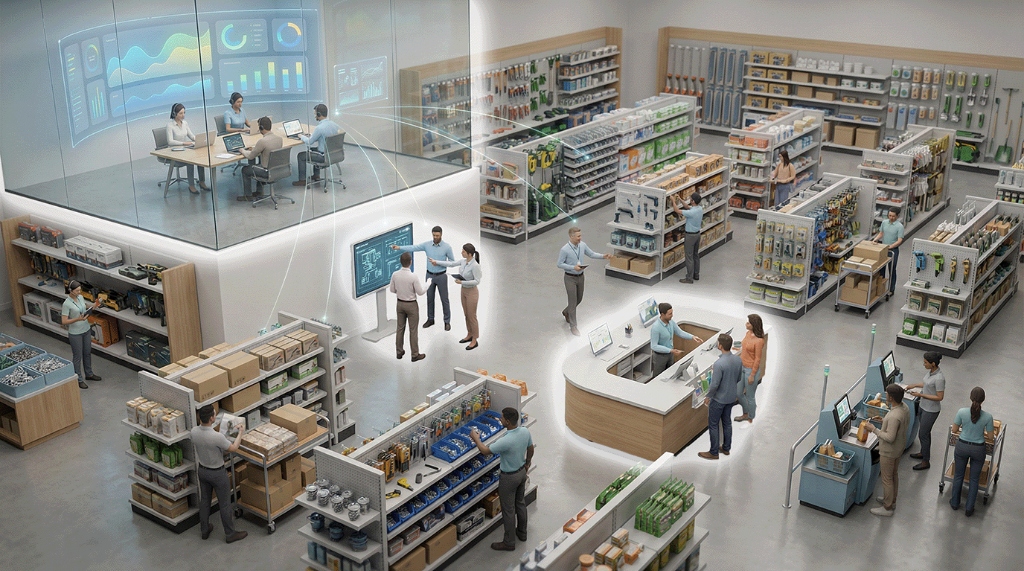 Store operations showing stations: Central Workforce Steering, Store Management, and Sales Floor