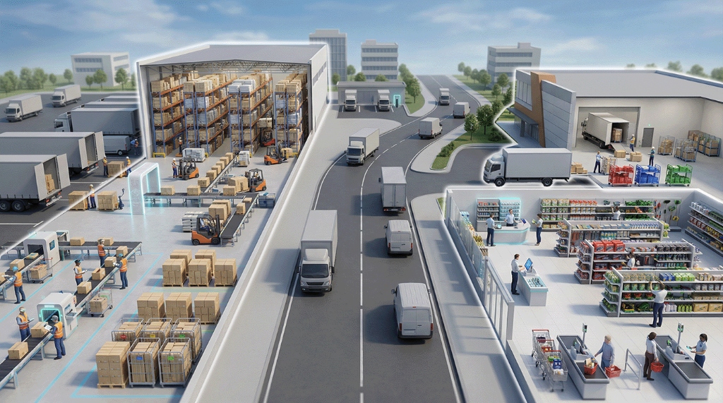 Logistics supply chain from warehouse to stores showing stations: Warehouse, Transport, and Stores