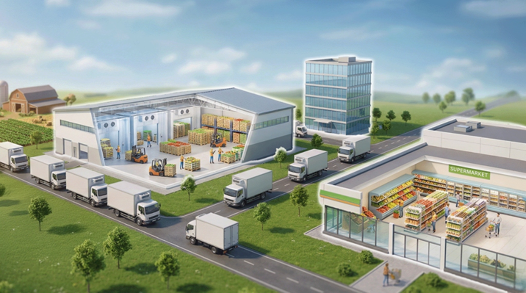 Food supply chain from farm to home showing stations: Farm, Warehouse, Grocery Store, and Home